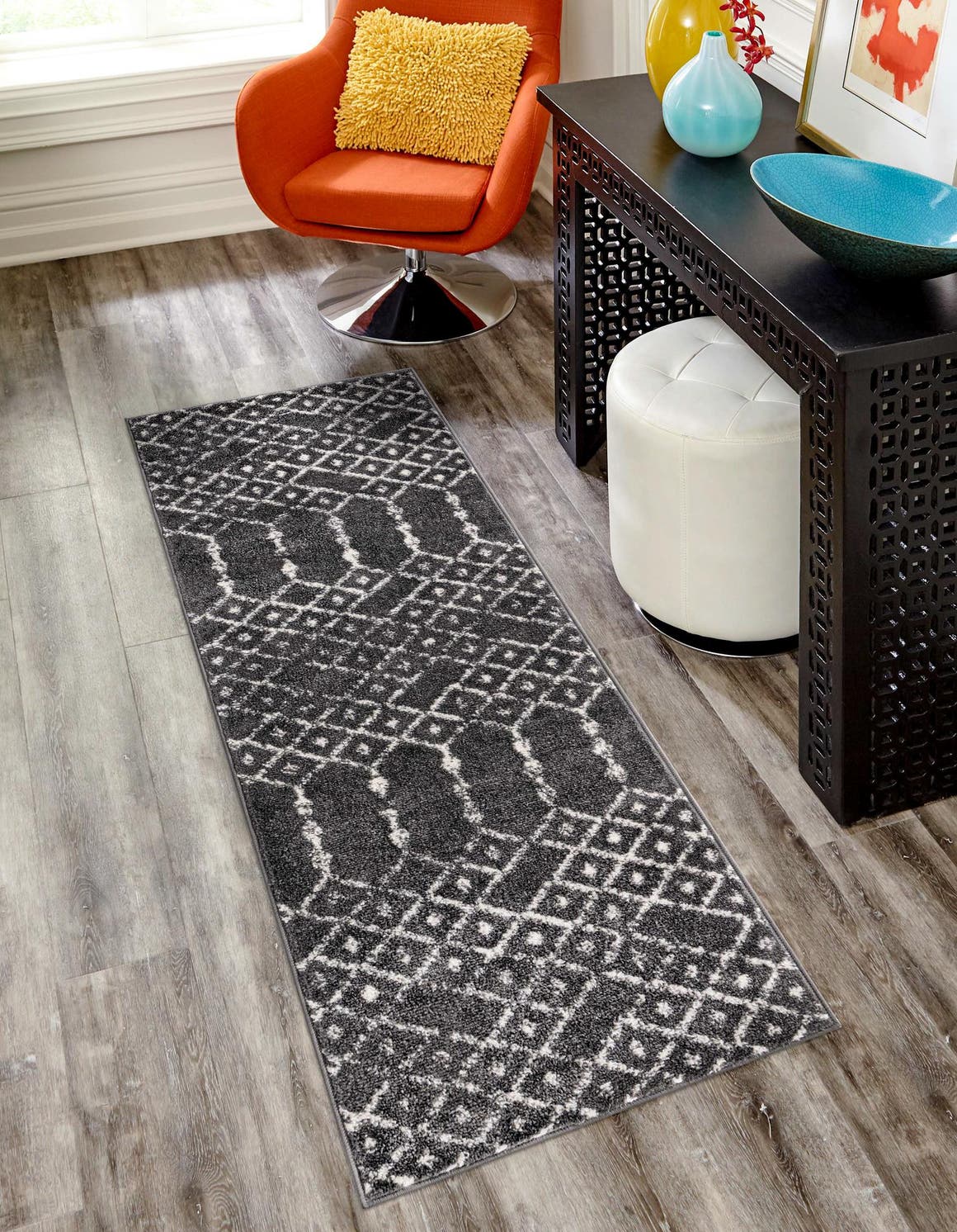 Charcoal Gray 2' x 6' Paxon Trellis Runner Area Rug Geometric Durable Stain Resistant Easy Clean Carpet for Modern Interior Home Decor for Sale at Rug Engine