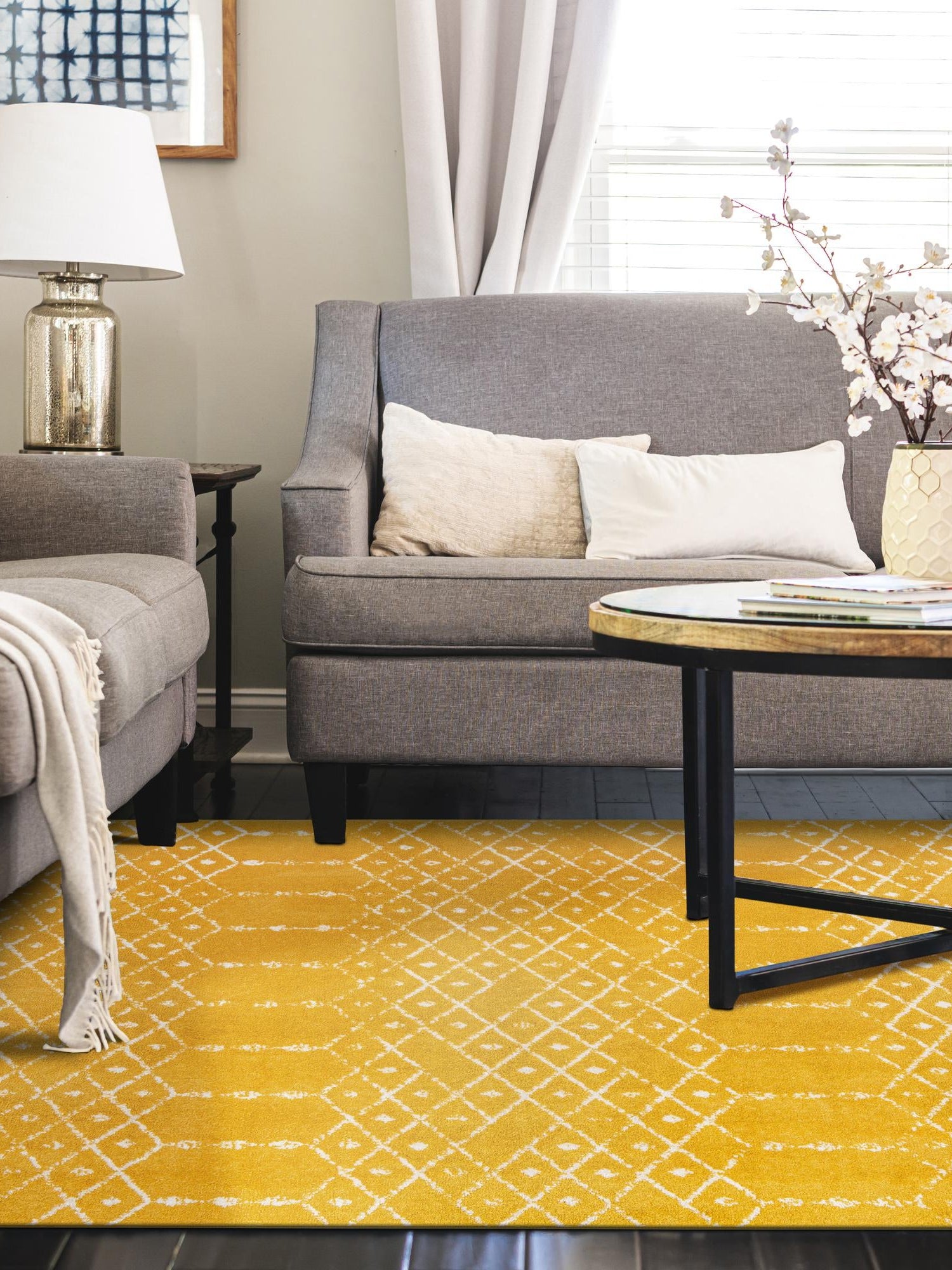 Yellow 9' x 12' Paxon Trellis Rectangle Area Rug Geometric Durable Stain Resistant Easy Clean Carpet for Modern Interior Home Decor for Sale at Rug Engine