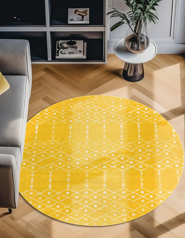 Yellow 7' 10 x 7' 10 Paxon Trellis Round Area Rug Geometric Durable Stain Resistant Easy Clean Carpet for Modern Interior Home Decor for Sale at Rug Engine