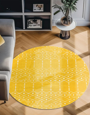 Yellow 5' 3 x 5' 3 Paxon Trellis Round Area Rug Geometric Durable Stain Resistant Easy Clean Carpet for Modern Interior Home Decor for Sale at Rug Engine