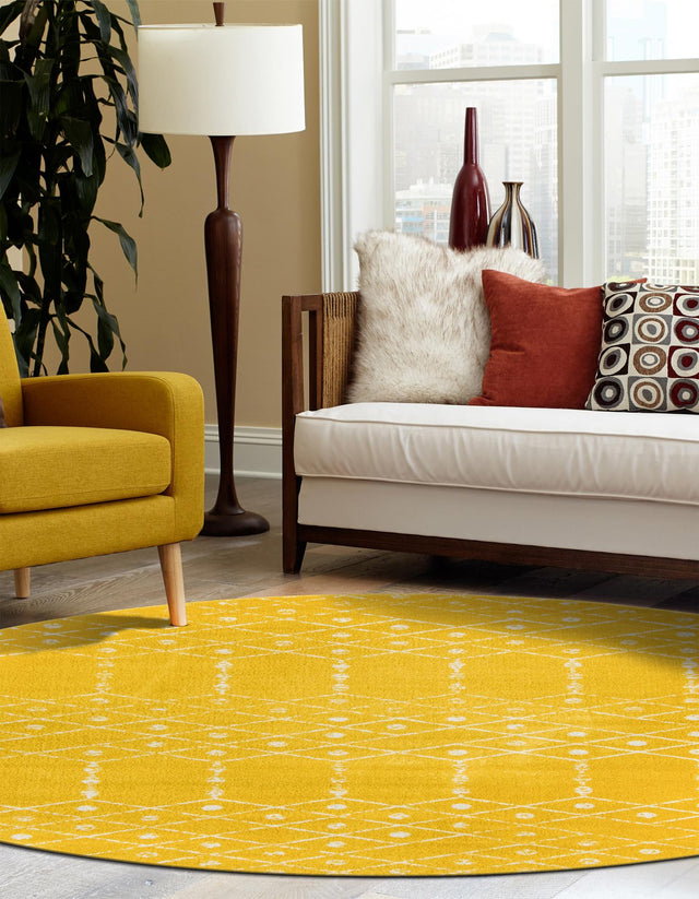 Yellow 5' 3 x 5' 3 Paxon Trellis Round Area Rug Geometric Durable Stain Resistant Easy Clean Carpet for Modern Interior Home Decor for Sale at Rug Engine