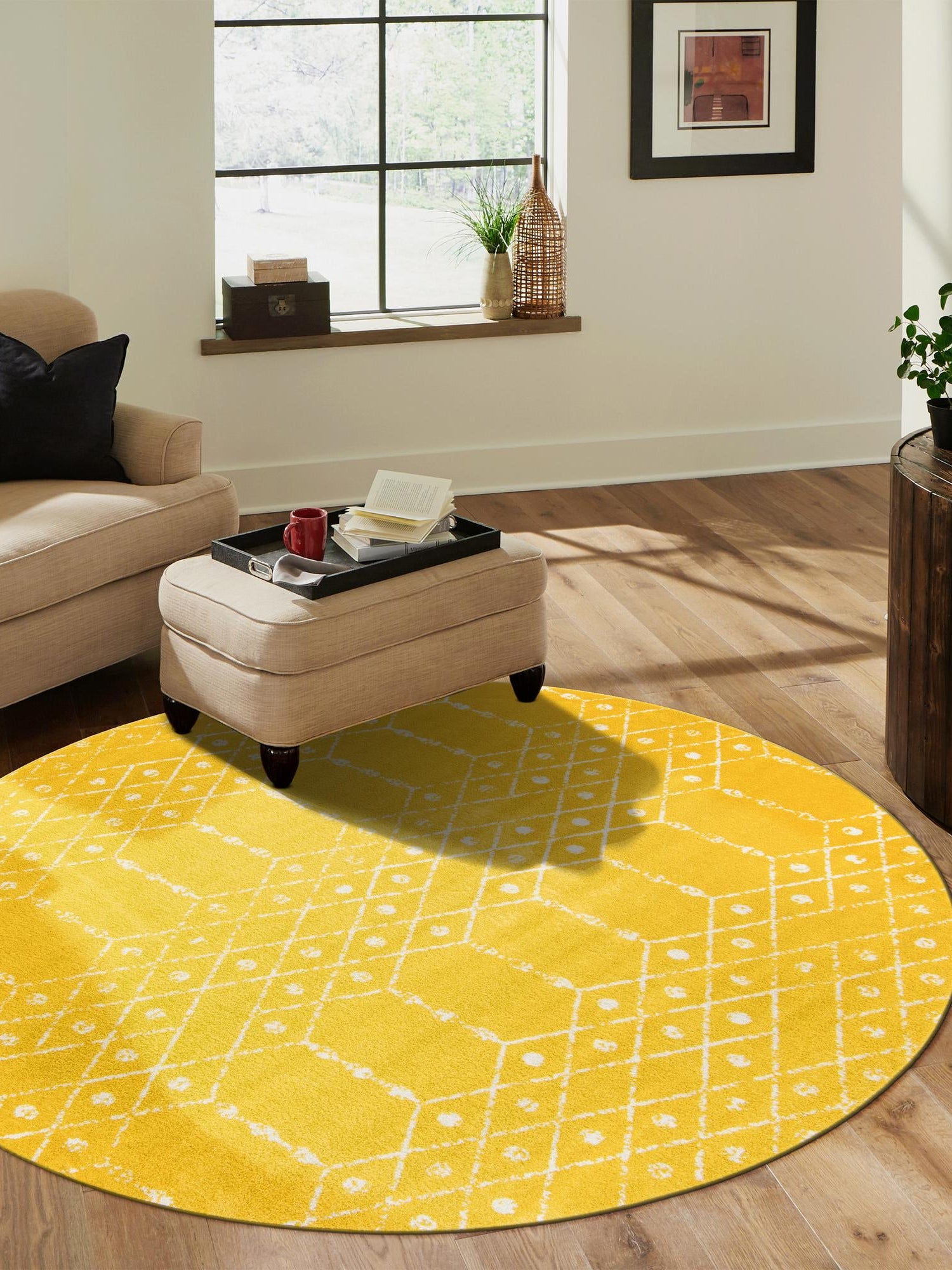Yellow 5' 3 x 5' 3 Paxon Trellis Round Area Rug Geometric Durable Stain Resistant Easy Clean Carpet for Modern Interior Home Decor for Sale at Rug Engine