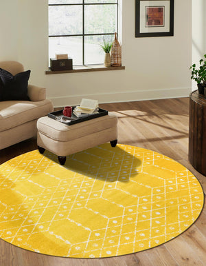 Yellow 5' 3 x 5' 3 Paxon Trellis Round Area Rug Geometric Durable Stain Resistant Easy Clean Carpet for Modern Interior Home Decor for Sale at Rug Engine