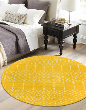 Yellow 5' 3 x 5' 3 Paxon Trellis Round Area Rug Geometric Durable Stain Resistant Easy Clean Carpet for Modern Interior Home Decor for Sale at Rug Engine