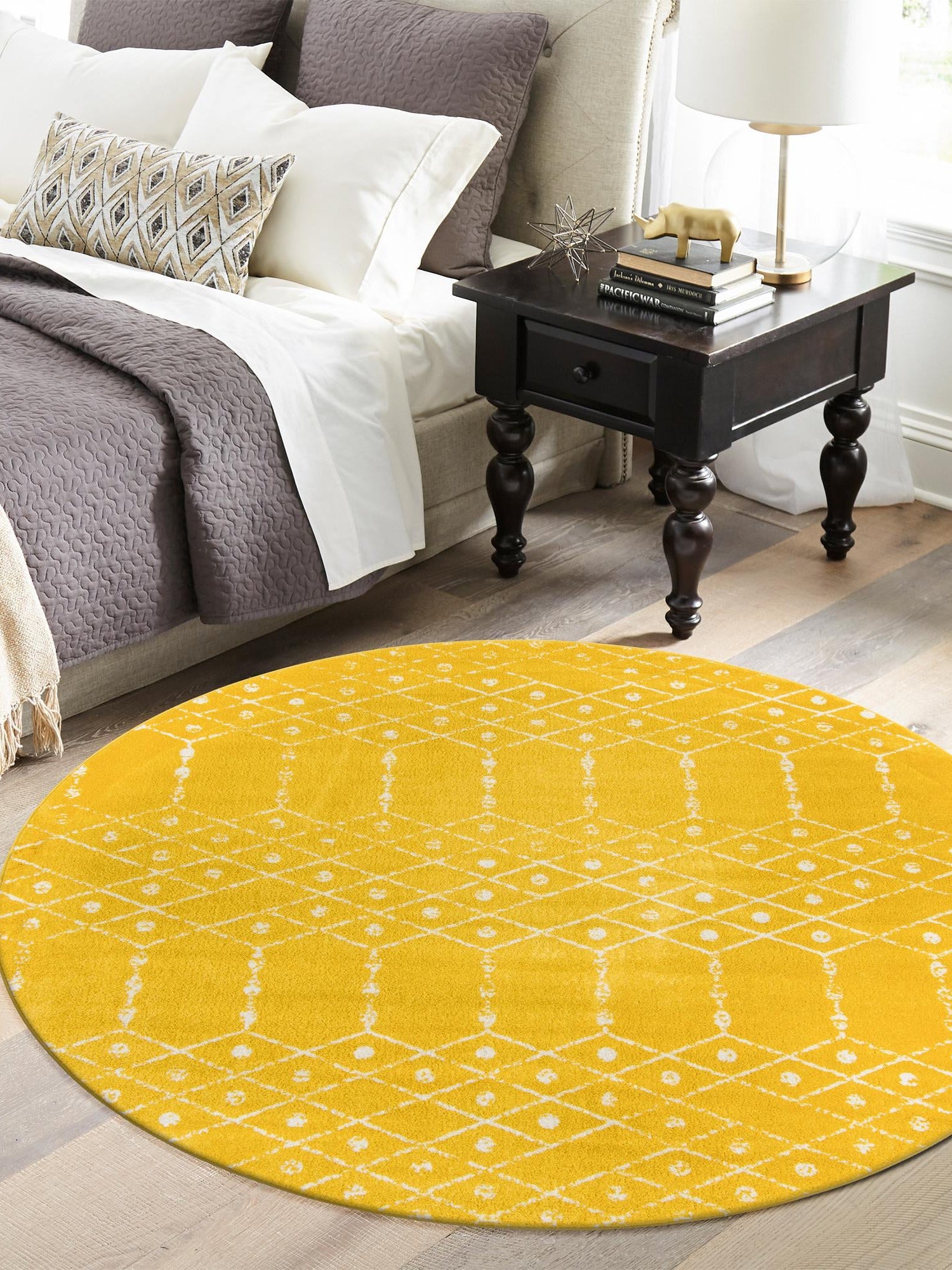 Yellow 7' 10 x 7' 10 Paxon Trellis Round Area Rug Geometric Durable Stain Resistant Easy Clean Carpet for Modern Interior Home Decor for Sale at Rug Engine