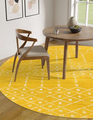 Yellow 7' 10 x 7' 10 Paxon Trellis Round Area Rug Geometric Durable Stain Resistant Easy Clean Carpet for Modern Interior Home Decor for Sale at Rug Engine