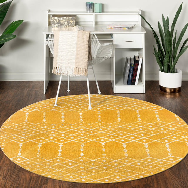 Yellow 3' x 3' Paxon Trellis Round Area Rug Geometric Durable Stain Resistant Easy Clean Carpet for Modern Interior Home Decor for Sale at Rug Engine