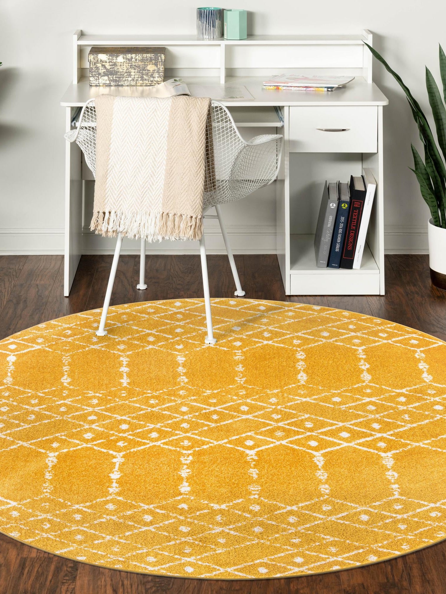 Yellow 5' 3 x 5' 3 Paxon Trellis Round Area Rug Geometric Durable Stain Resistant Easy Clean Carpet for Modern Interior Home Decor for Sale at Rug Engine