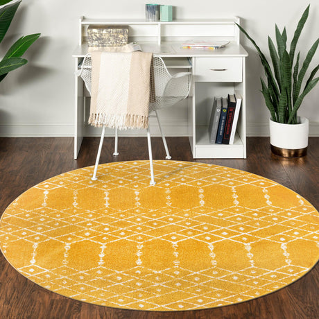 Yellow 5' 3 x 5' 3 Paxon Trellis Round Area Rug Geometric Durable Stain Resistant Easy Clean Carpet for Modern Interior Home Decor for Sale at Rug Engine