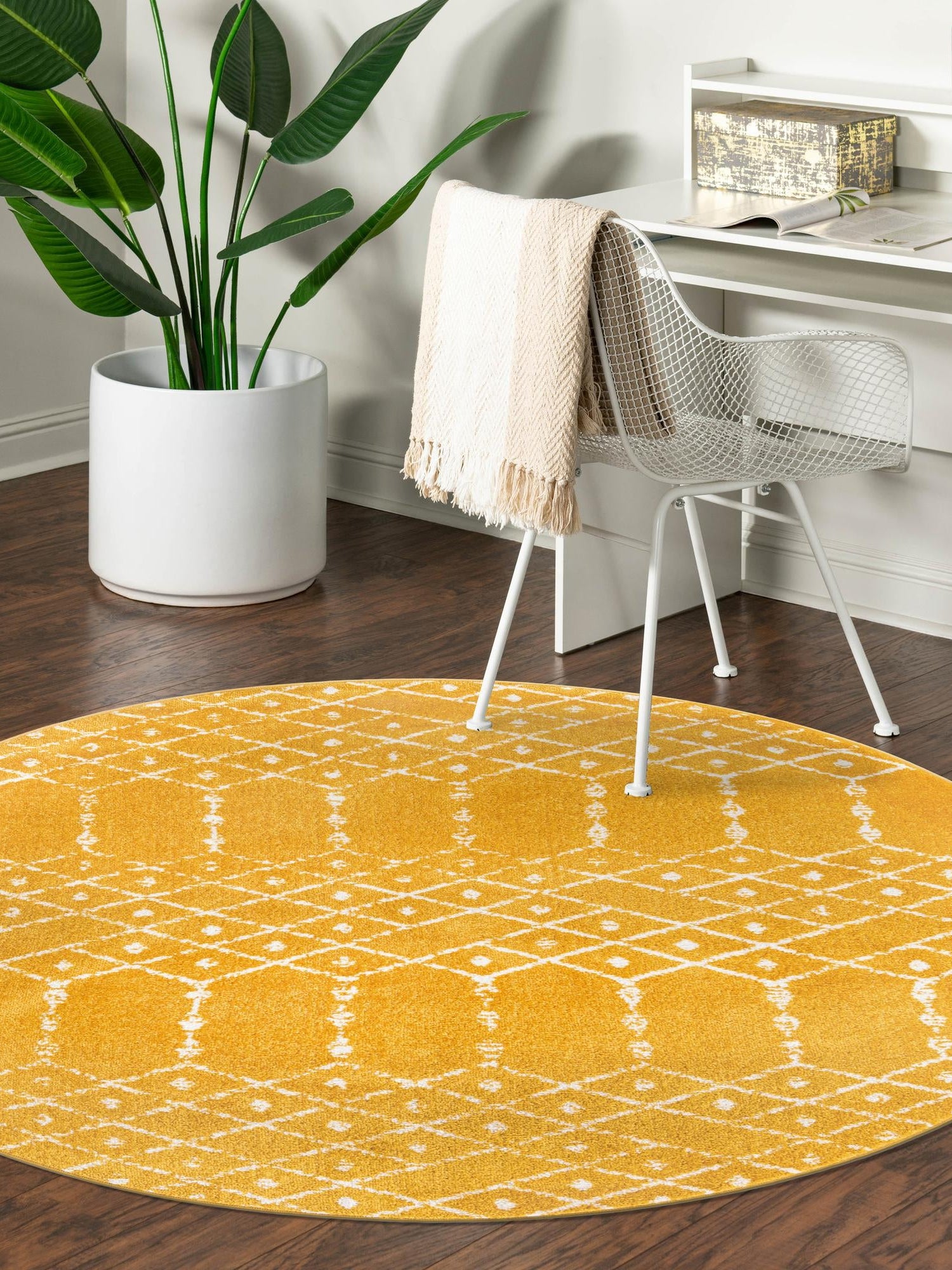 Yellow 7' 10 x 7' 10 Paxon Trellis Round Area Rug Geometric Durable Stain Resistant Easy Clean Carpet for Modern Interior Home Decor for Sale at Rug Engine