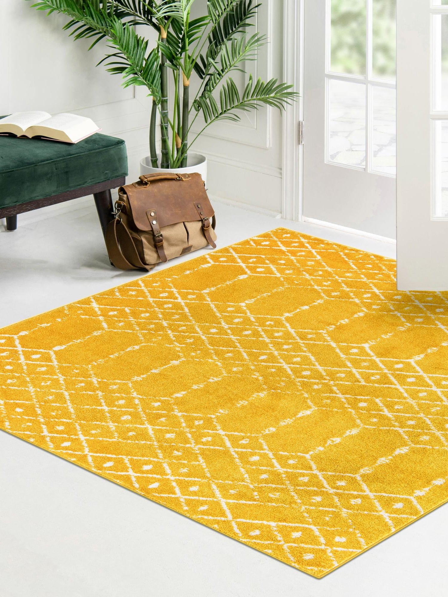 Yellow 4' x 4' Paxon Trellis Square Area Rug Geometric Durable Stain Resistant Easy Clean Carpet for Modern Interior Home Decor for Sale at Rug Engine