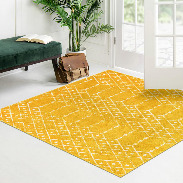Yellow 4' x 4' Paxon Trellis Square Area Rug Geometric Durable Stain Resistant Easy Clean Carpet for Modern Interior Home Decor for Sale at Rug Engine