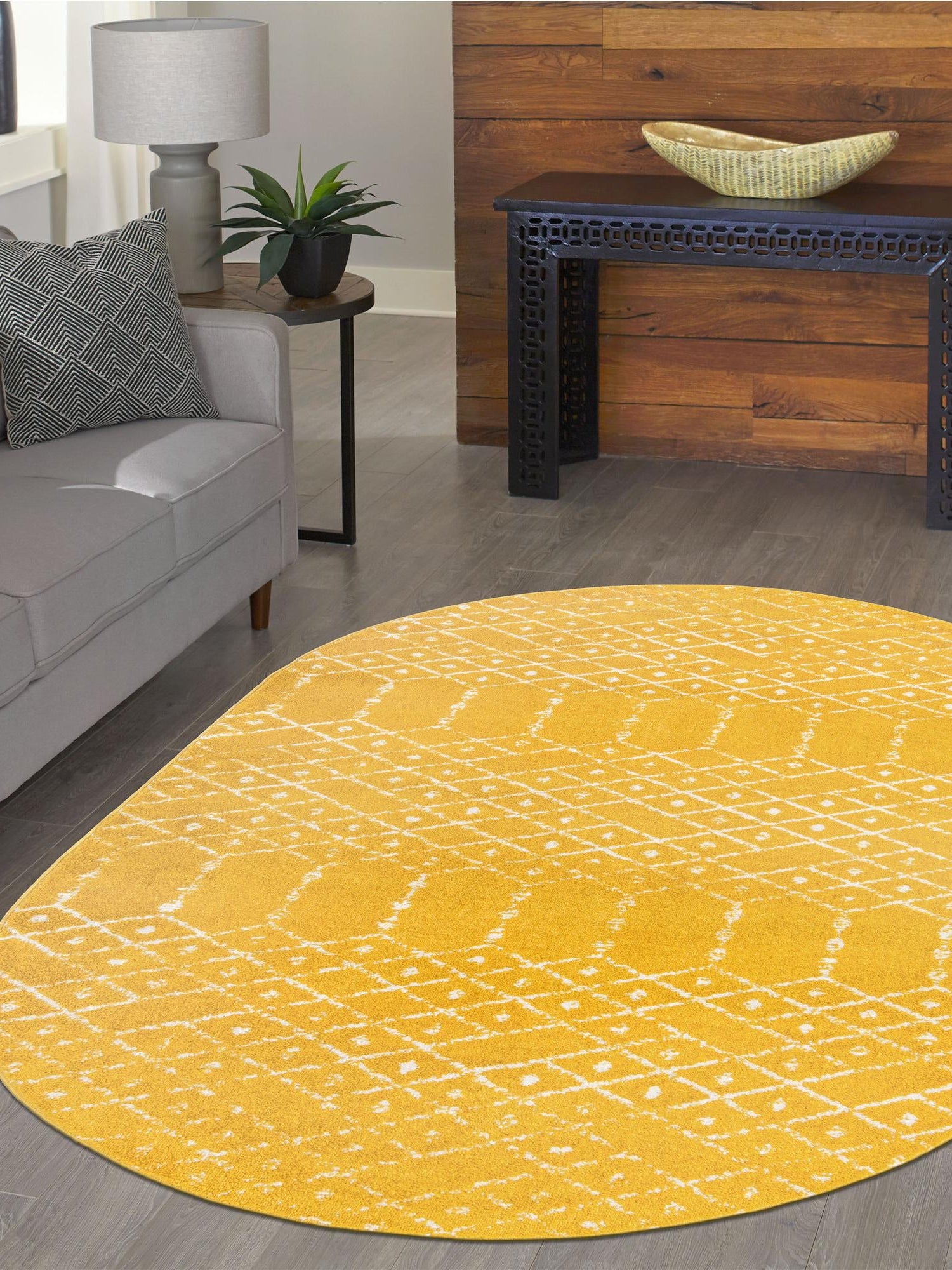 Yellow 4' x 6' Paxon Trellis Oval Area Rug Geometric Durable Stain Resistant Easy Clean Carpet for Modern Interior Home Decor for Sale at Rug Engine