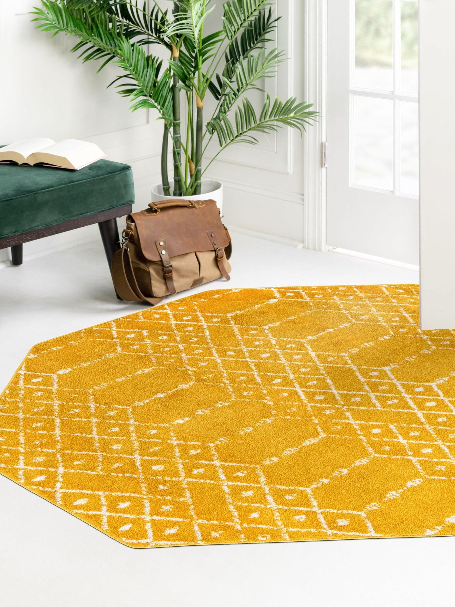 Yellow 5' 3 x 5' 3 Paxon Trellis Octagon Area Rug Geometric Durable Stain Resistant Easy Clean Carpet for Modern Interior Home Decor for Sale at Rug Engine