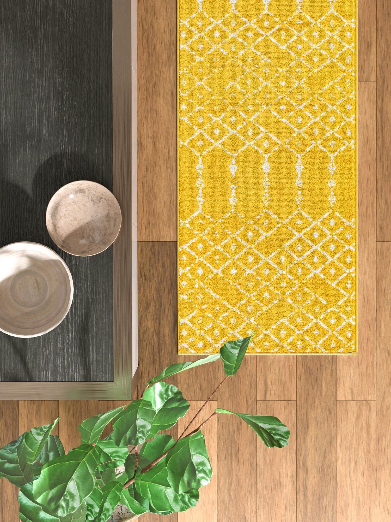 Yellow 2' x 9' 10 Paxon Trellis Runner Area Rug Geometric Durable Stain Resistant Easy Clean Carpet for Modern Interior Home Decor for Sale at Rug Engine