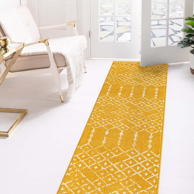 Yellow 2' 11 x 13' Paxon Trellis Runner Area Rug Geometric Durable Stain Resistant Easy Clean Carpet for Modern Interior Home Decor for Sale at Rug Engine