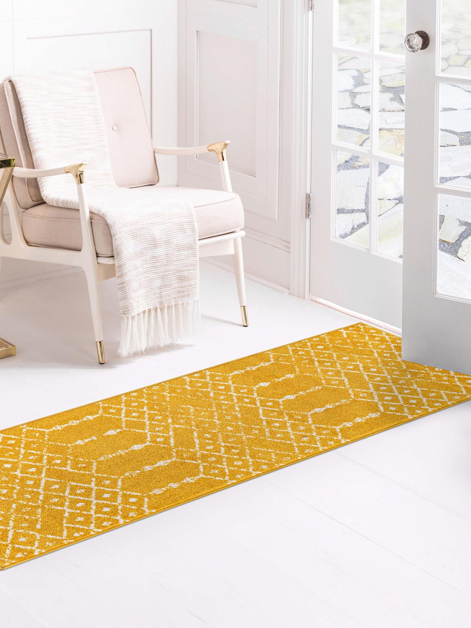 Yellow 2' 11 x 16' Paxon Trellis Runner Area Rug Geometric Durable Stain Resistant Easy Clean Carpet for Modern Interior Home Decor for Sale at Rug Engine