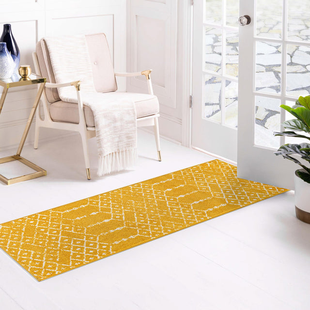 Yellow 2' 11 x 16' Paxon Trellis Runner Area Rug Geometric Durable Stain Resistant Easy Clean Carpet for Modern Interior Home Decor for Sale at Rug Engine