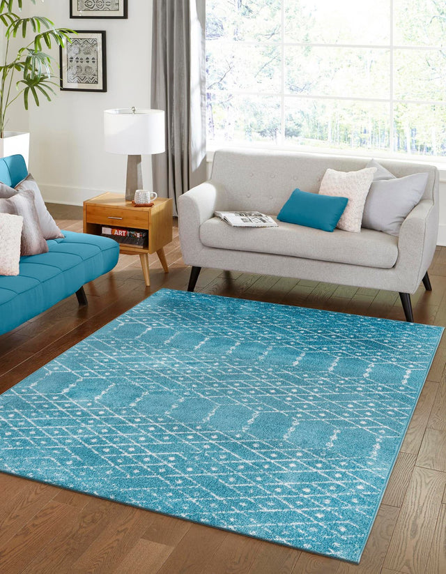 Teal blue 2' x 3' Paxon Trellis Rectangle Area Rug Geometric Durable Stain Resistant Easy Clean Carpet for Modern Interior Home Decor for Sale at Rug Engine