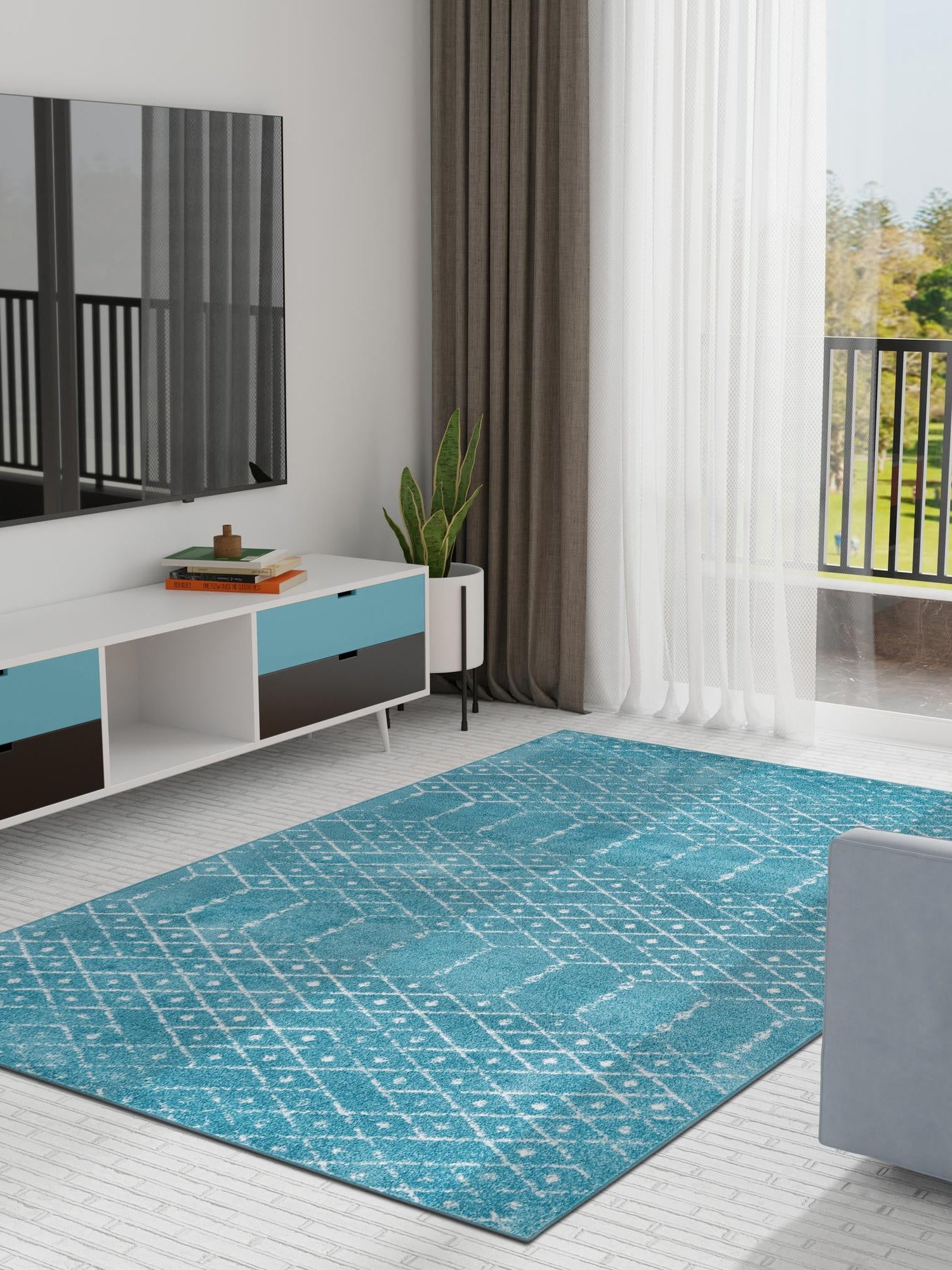 Teal blue 6' x 9' Paxon Trellis Rectangle Area Rug Geometric Durable Stain Resistant Easy Clean Carpet for Modern Interior Home Decor for Sale at Rug Engine