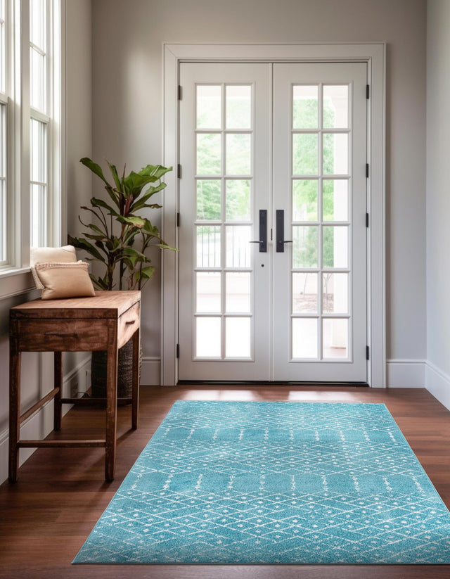 Teal blue 7' 1 x 10' Paxon Trellis Rectangle Area Rug Geometric Durable Stain Resistant Easy Clean Carpet for Modern Interior Home Decor for Sale at Rug Engine