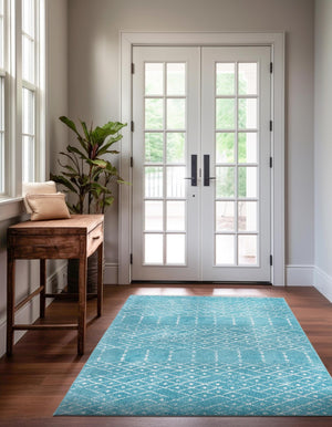 Teal blue 7' 10 x 10' Paxon Trellis Rectangle Area Rug Geometric Durable Stain Resistant Easy Clean Carpet for Modern Interior Home Decor for Sale at Rug Engine