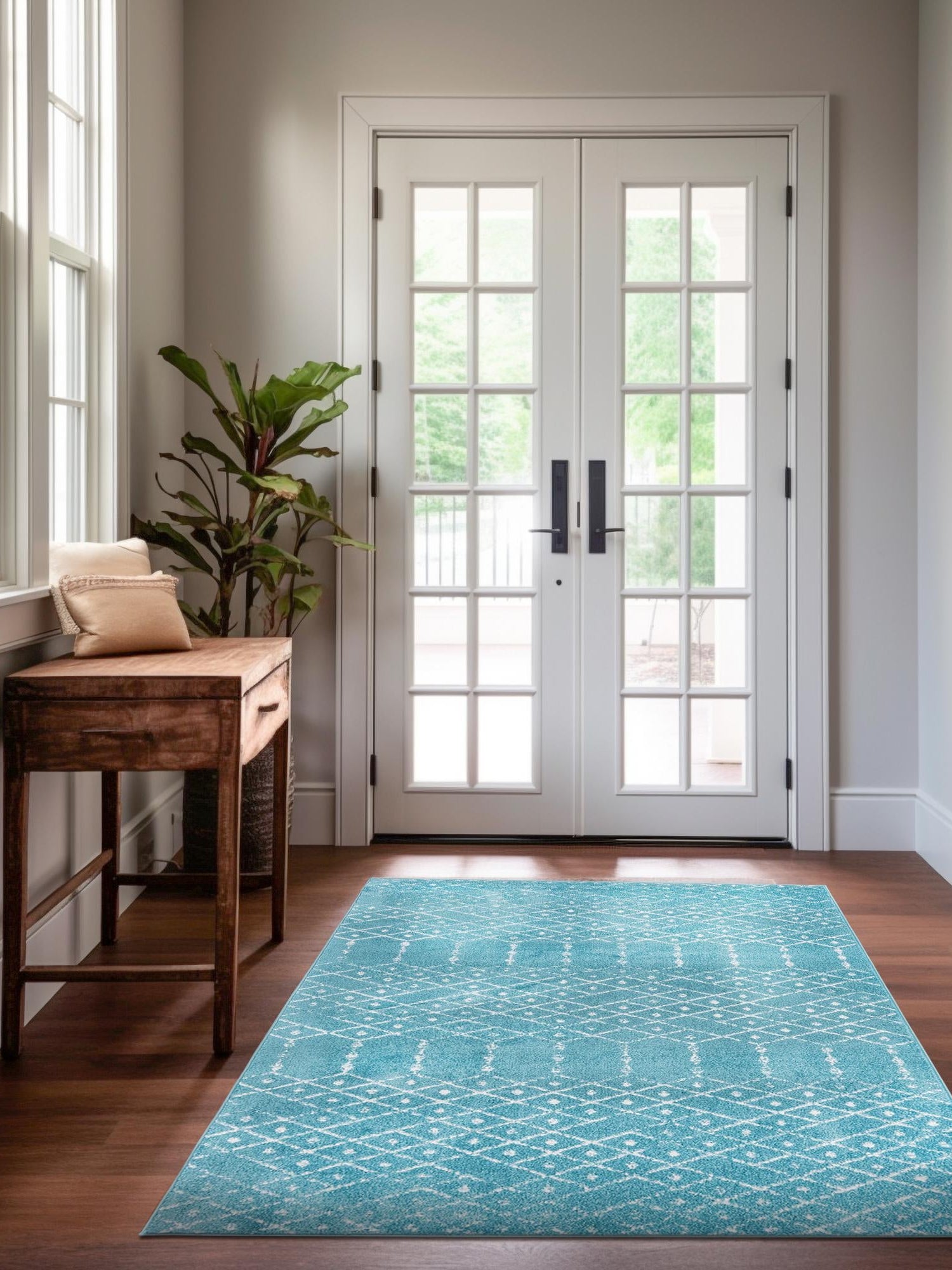 Teal blue 2' x 3' Paxon Trellis Rectangle Area Rug Geometric Durable Stain Resistant Easy Clean Carpet for Modern Interior Home Decor for Sale at Rug Engine
