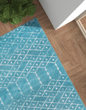 Teal blue 7' 1 x 10' Paxon Trellis Rectangle Area Rug Geometric Durable Stain Resistant Easy Clean Carpet for Modern Interior Home Decor for Sale at Rug Engine