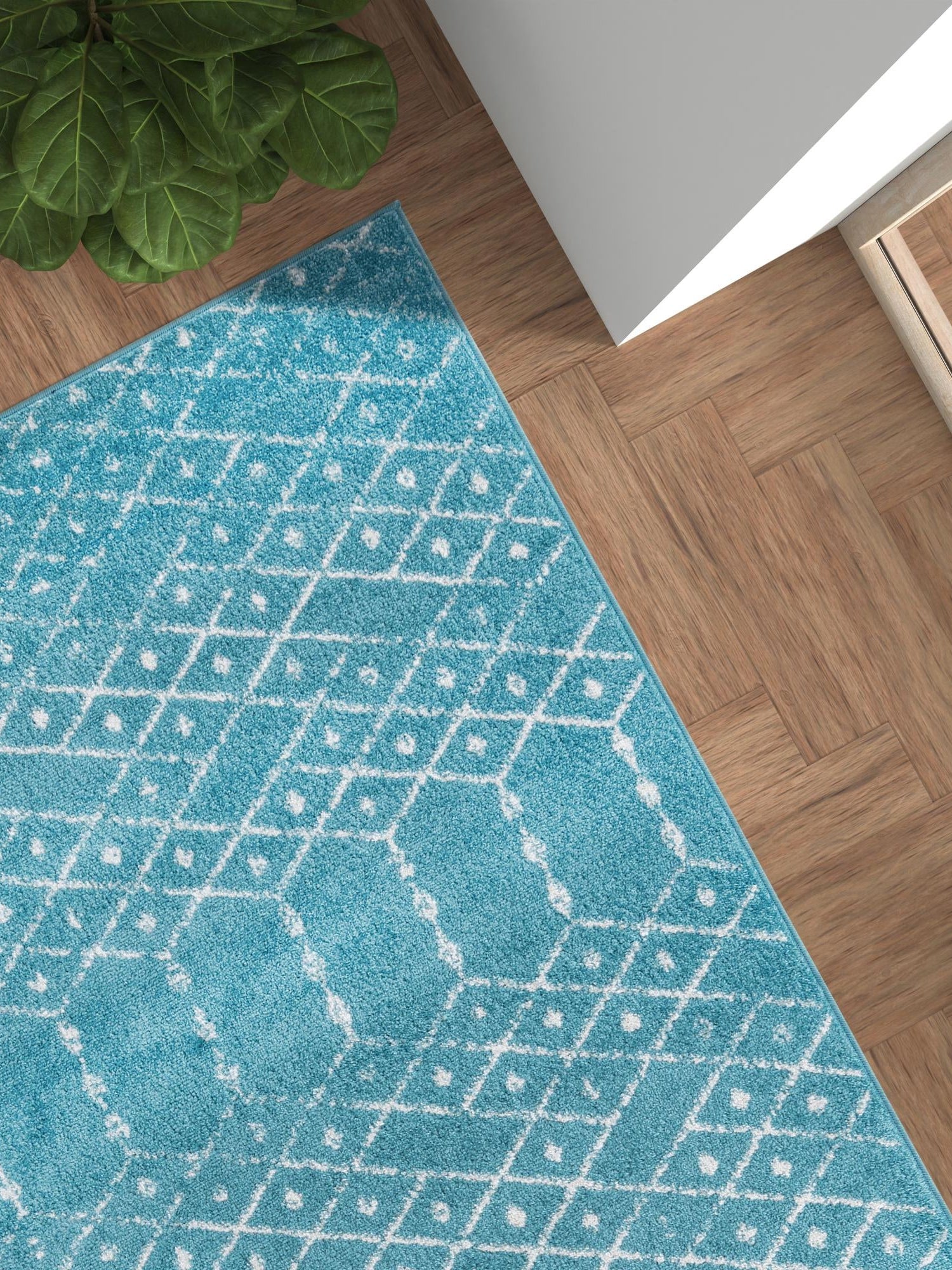Teal blue 6' x 9' Paxon Trellis Rectangle Area Rug Geometric Durable Stain Resistant Easy Clean Carpet for Modern Interior Home Decor for Sale at Rug Engine