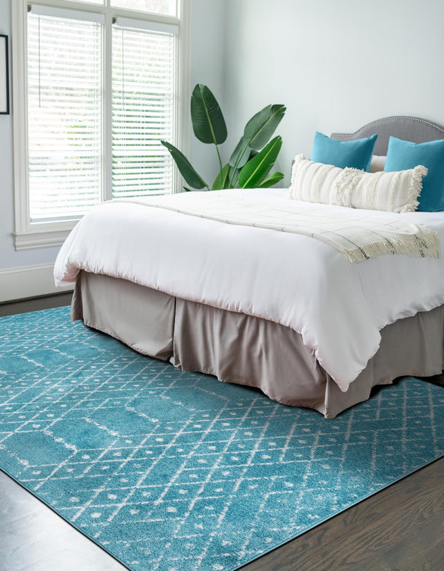 Teal blue 7' 10 x 10' Paxon Trellis Rectangle Area Rug Geometric Durable Stain Resistant Easy Clean Carpet for Modern Interior Home Decor for Sale at Rug Engine