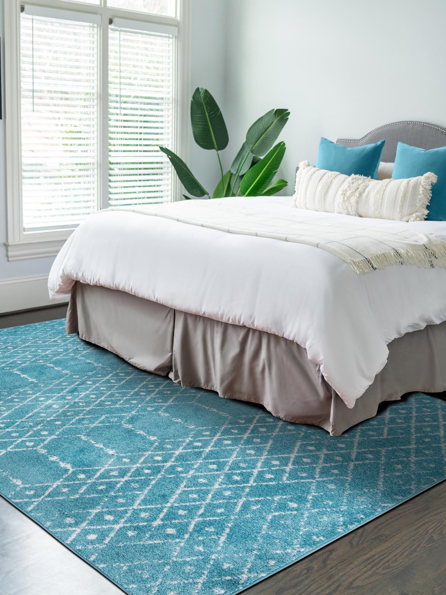 Teal blue 9' x 12' Paxon Trellis Rectangle Area Rug Geometric Durable Stain Resistant Easy Clean Carpet for Modern Interior Home Decor for Sale at Rug Engine