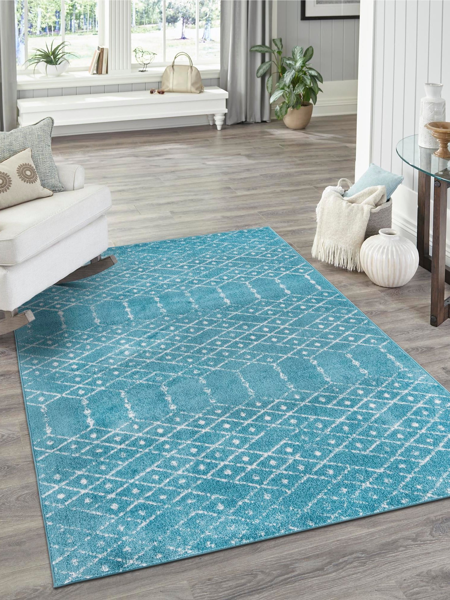 Teal blue 7' 10 x 10' Paxon Trellis Rectangle Area Rug Geometric Durable Stain Resistant Easy Clean Carpet for Modern Interior Home Decor for Sale at Rug Engine