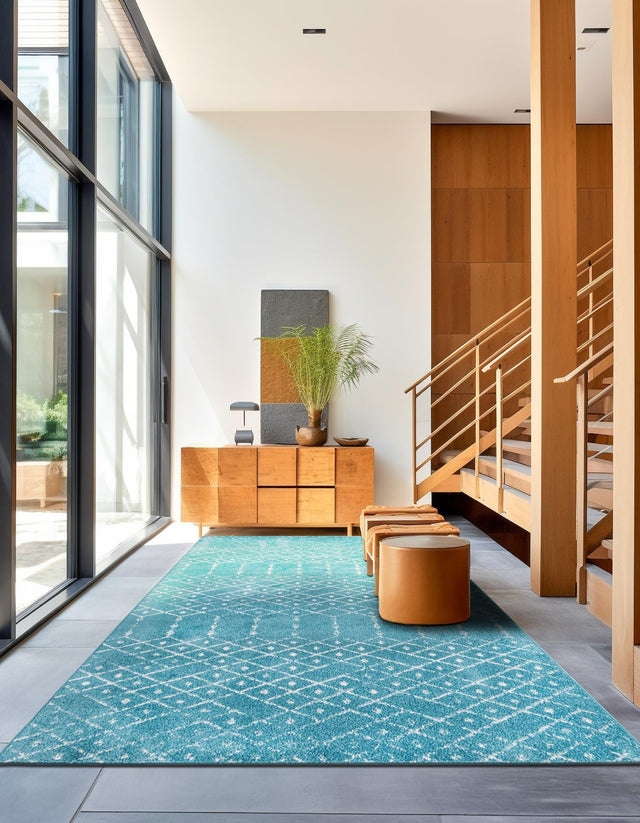 Teal blue 9' x 12' Paxon Trellis Rectangle Area Rug Geometric Durable Stain Resistant Easy Clean Carpet for Modern Interior Home Decor for Sale at Rug Engine
