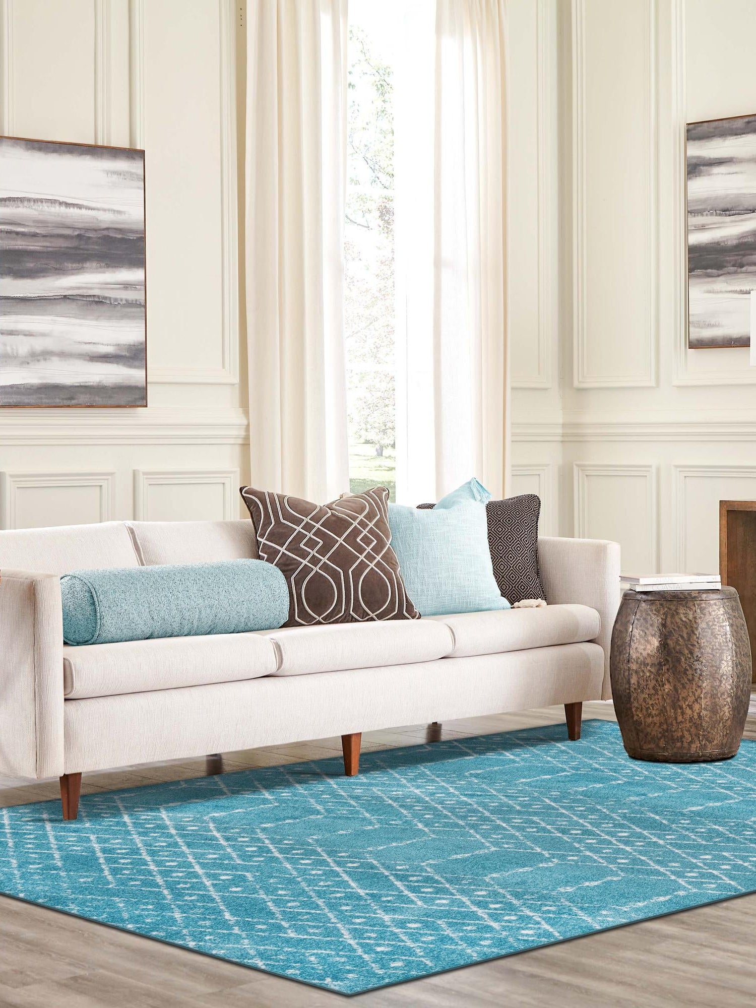 Teal blue 3' 3 x 5' 3 Paxon Trellis Rectangle Area Rug Geometric Durable Stain Resistant Easy Clean Carpet for Modern Interior Home Decor for Sale at Rug Engine