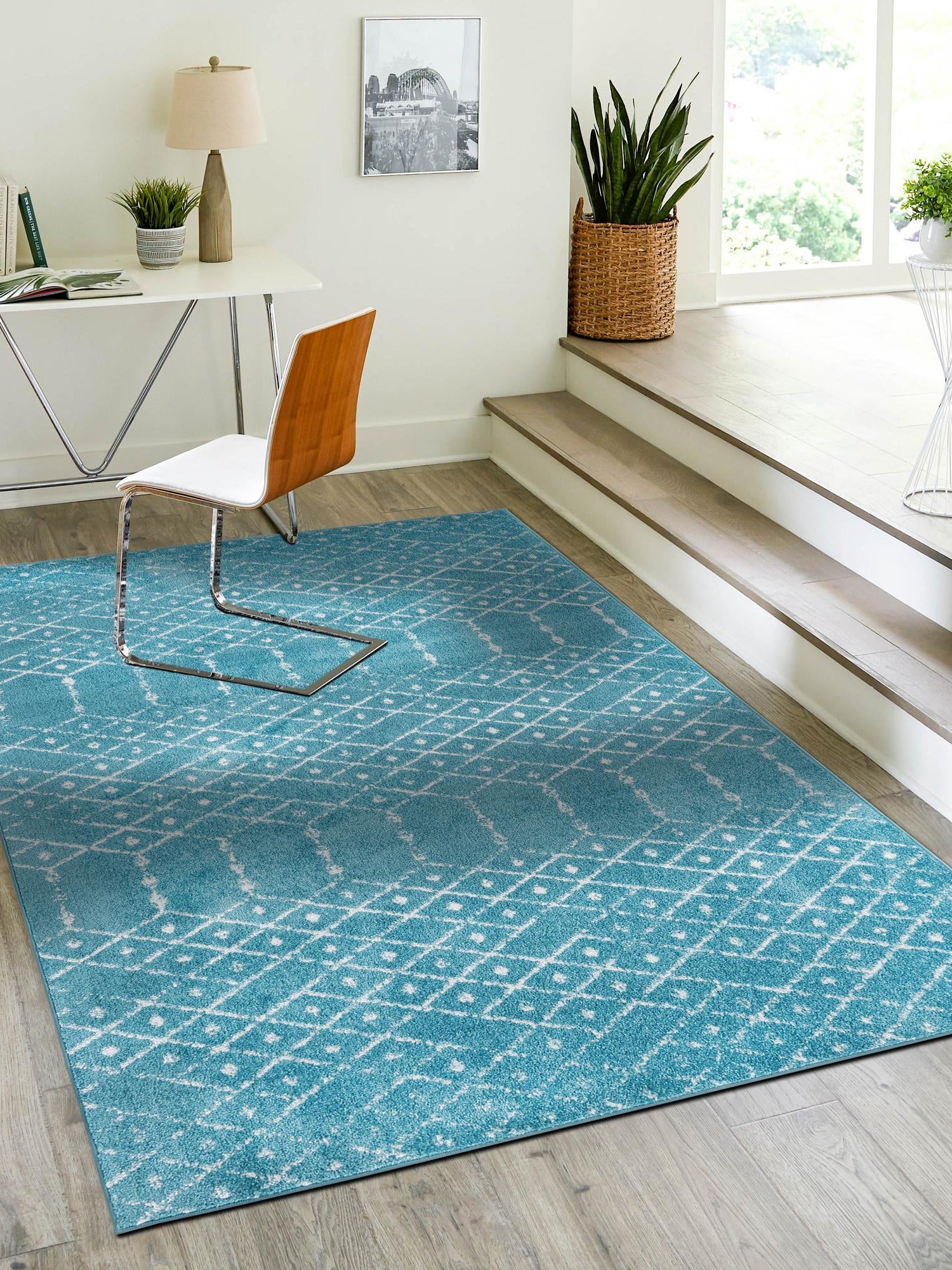 Teal blue 2' x 3' Paxon Trellis Rectangle Area Rug Geometric Durable Stain Resistant Easy Clean Carpet for Modern Interior Home Decor for Sale at Rug Engine