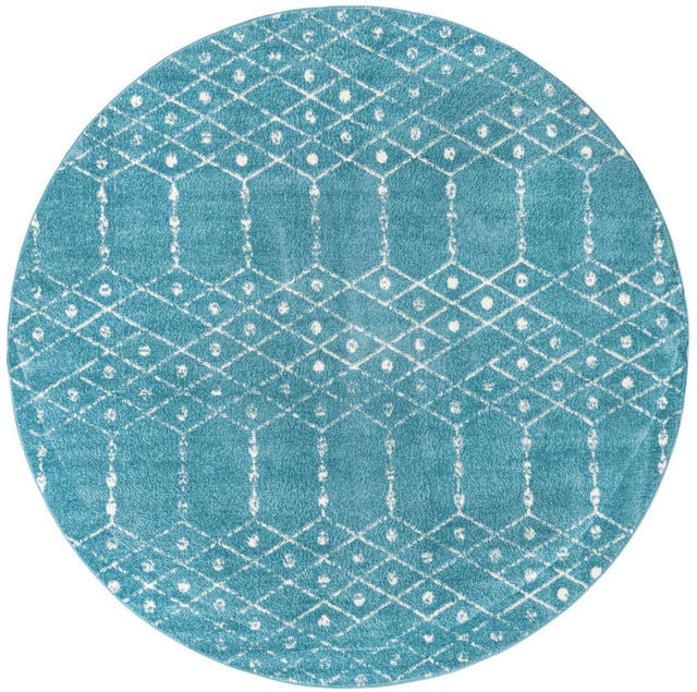 Teal blue 7' 10 x 7' 10 Paxon Trellis Round Area Rug Geometric Durable Stain Resistant Easy Clean Carpet for Modern Interior Home Decor for Sale at Rug Engine