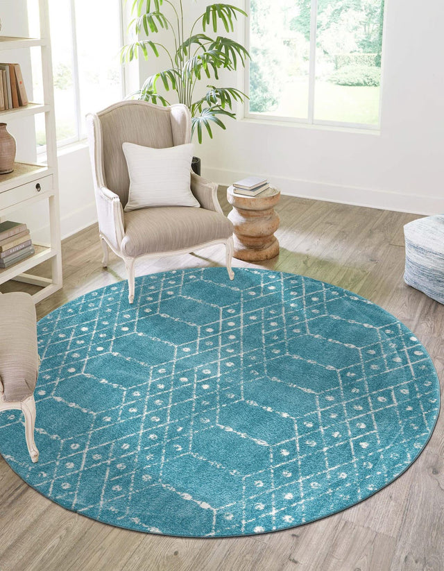 Teal blue 5' 3 x 5' 3 Paxon Trellis Round Area Rug Geometric Durable Stain Resistant Easy Clean Carpet for Modern Interior Home Decor for Sale at Rug Engine