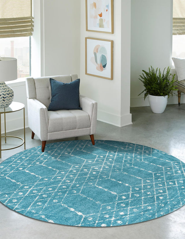 Teal blue 3' x 3' Paxon Trellis Round Area Rug Geometric Durable Stain Resistant Easy Clean Carpet for Modern Interior Home Decor for Sale at Rug Engine