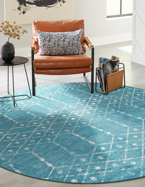 Teal blue 5' 3 x 5' 3 Paxon Trellis Round Area Rug Geometric Durable Stain Resistant Easy Clean Carpet for Modern Interior Home Decor for Sale at Rug Engine