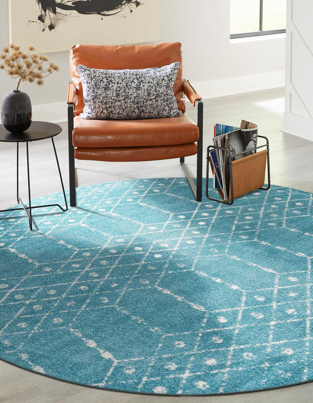 Teal blue 5' 3 x 5' 3 Paxon Trellis Round Area Rug Geometric Durable Stain Resistant Easy Clean Carpet for Modern Interior Home Decor for Sale at Rug Engine