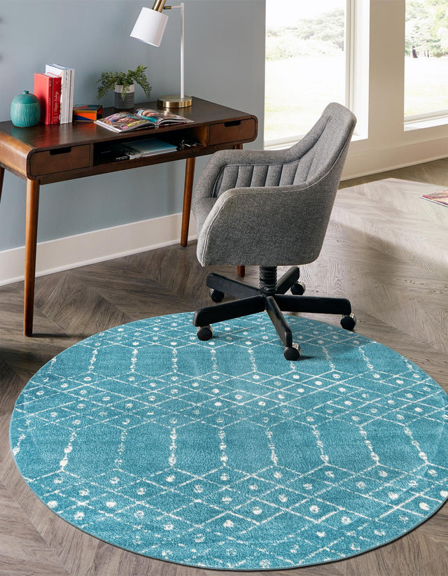 Teal blue 3' x 3' Paxon Trellis Round Area Rug Geometric Durable Stain Resistant Easy Clean Carpet for Modern Interior Home Decor for Sale at Rug Engine
