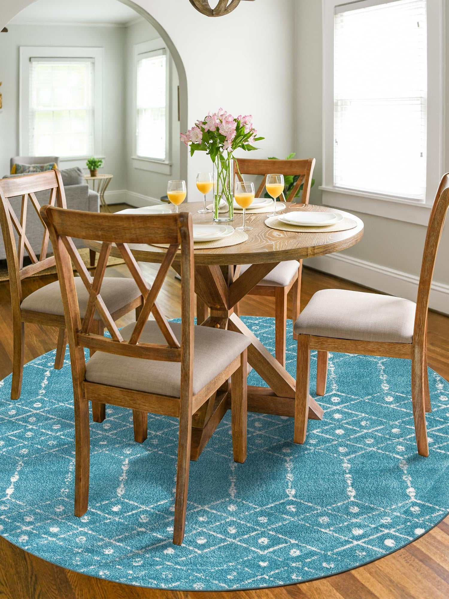 Teal blue 3' x 3' Paxon Trellis Round Area Rug Geometric Durable Stain Resistant Easy Clean Carpet for Modern Interior Home Decor for Sale at Rug Engine