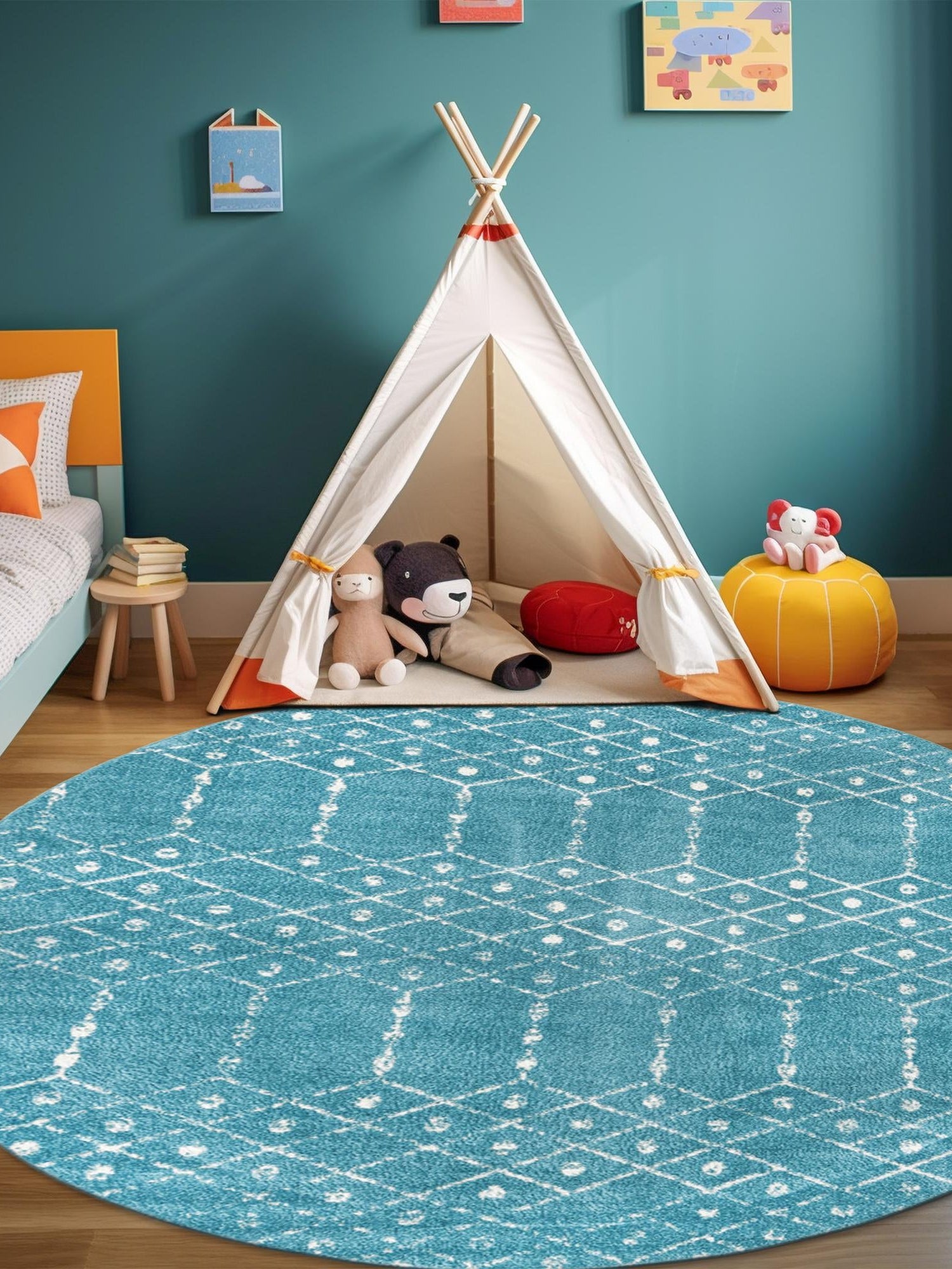 Teal blue 3' x 3' Paxon Trellis Round Area Rug Geometric Durable Stain Resistant Easy Clean Carpet for Modern Interior Home Decor for Sale at Rug Engine