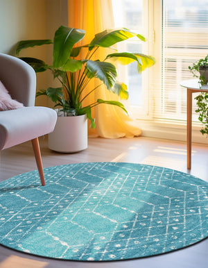 Teal blue 5' 3 x 5' 3 Paxon Trellis Round Area Rug Geometric Durable Stain Resistant Easy Clean Carpet for Modern Interior Home Decor for Sale at Rug Engine