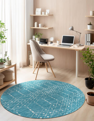 Teal blue 3' x 3' Paxon Trellis Round Area Rug Geometric Durable Stain Resistant Easy Clean Carpet for Modern Interior Home Decor for Sale at Rug Engine
