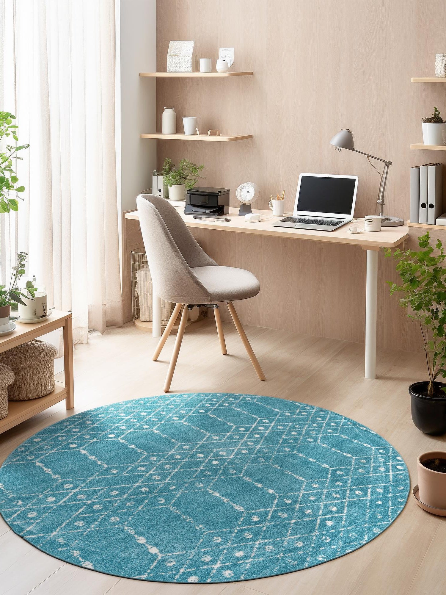 Teal blue 7' 10 x 7' 10 Paxon Trellis Round Area Rug Geometric Durable Stain Resistant Easy Clean Carpet for Modern Interior Home Decor for Sale at Rug Engine
