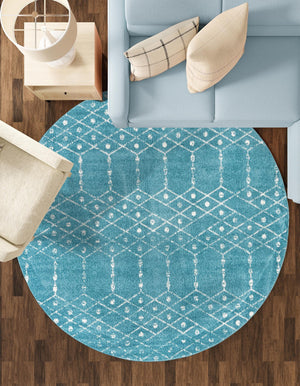 Teal blue 5' 3 x 5' 3 Paxon Trellis Round Area Rug Geometric Durable Stain Resistant Easy Clean Carpet for Modern Interior Home Decor for Sale at Rug Engine