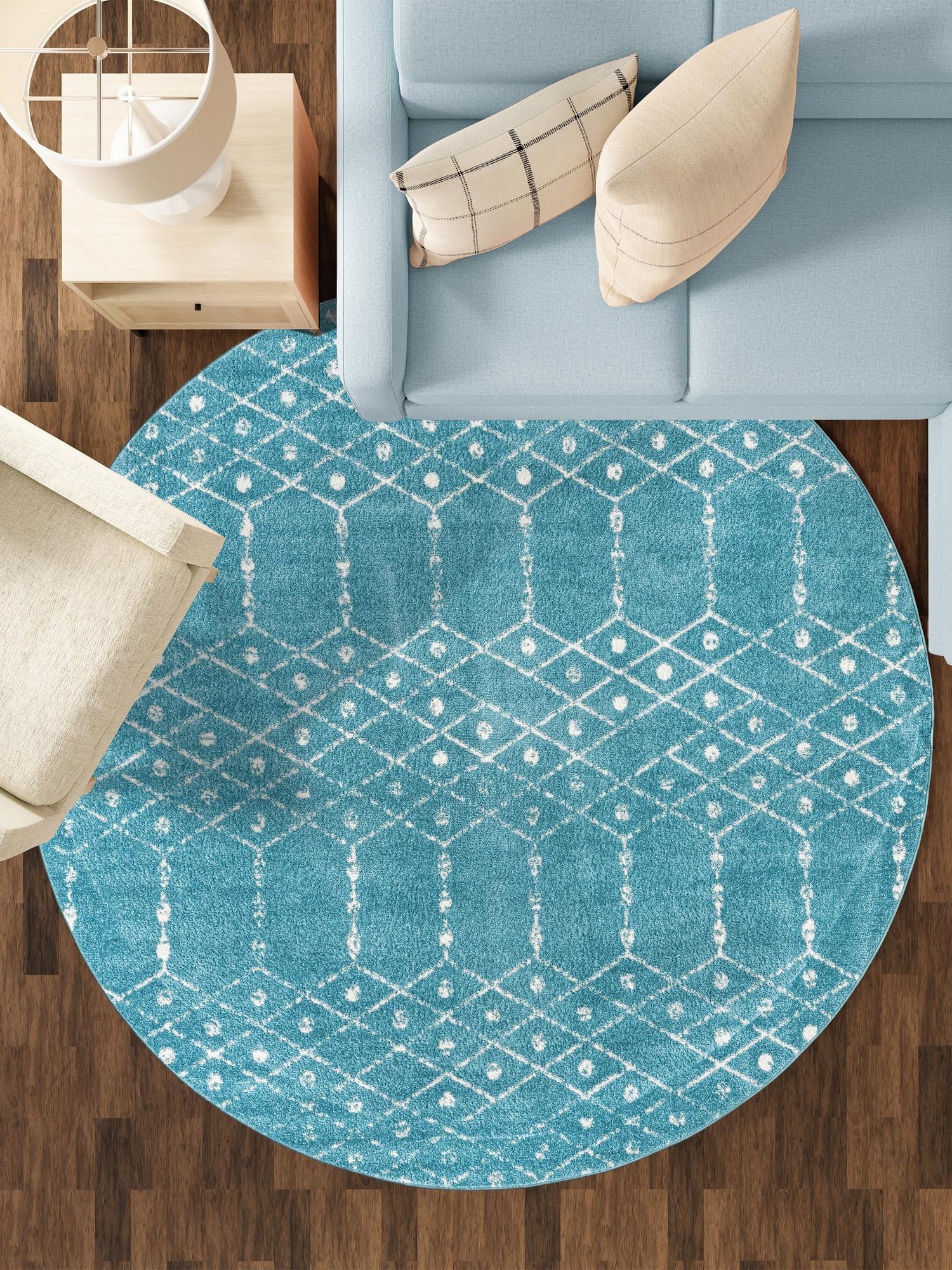 Teal blue 7' 10 x 7' 10 Paxon Trellis Round Area Rug Geometric Durable Stain Resistant Easy Clean Carpet for Modern Interior Home Decor for Sale at Rug Engine