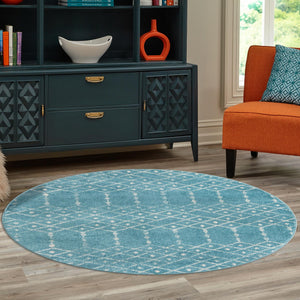 Teal blue 5' 3 x 5' 3 Paxon Trellis Round Area Rug Geometric Durable Stain Resistant Easy Clean Carpet for Modern Interior Home Decor for Sale at Rug Engine