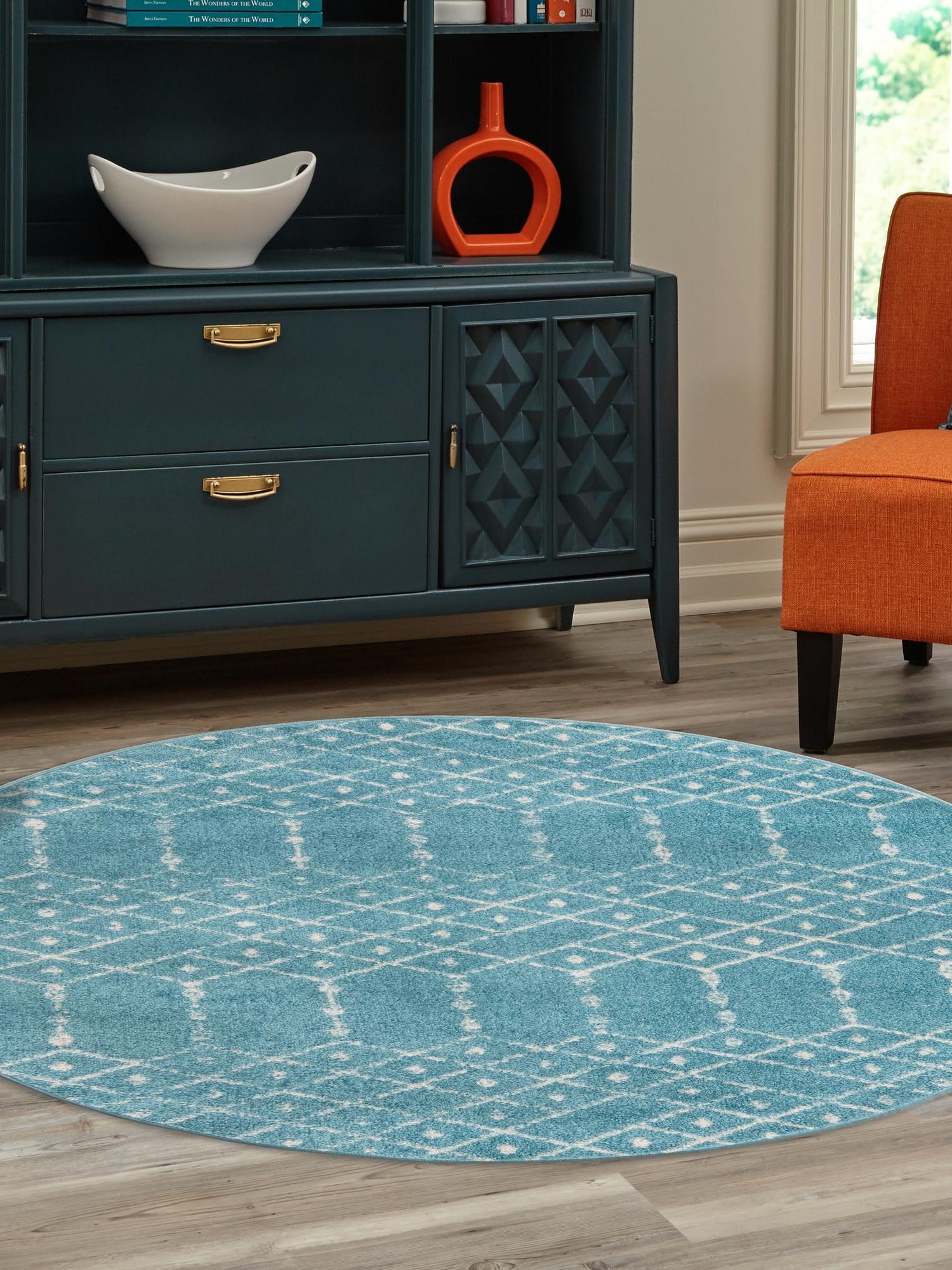 Teal blue 7' 10 x 7' 10 Paxon Trellis Round Area Rug Geometric Durable Stain Resistant Easy Clean Carpet for Modern Interior Home Decor for Sale at Rug Engine